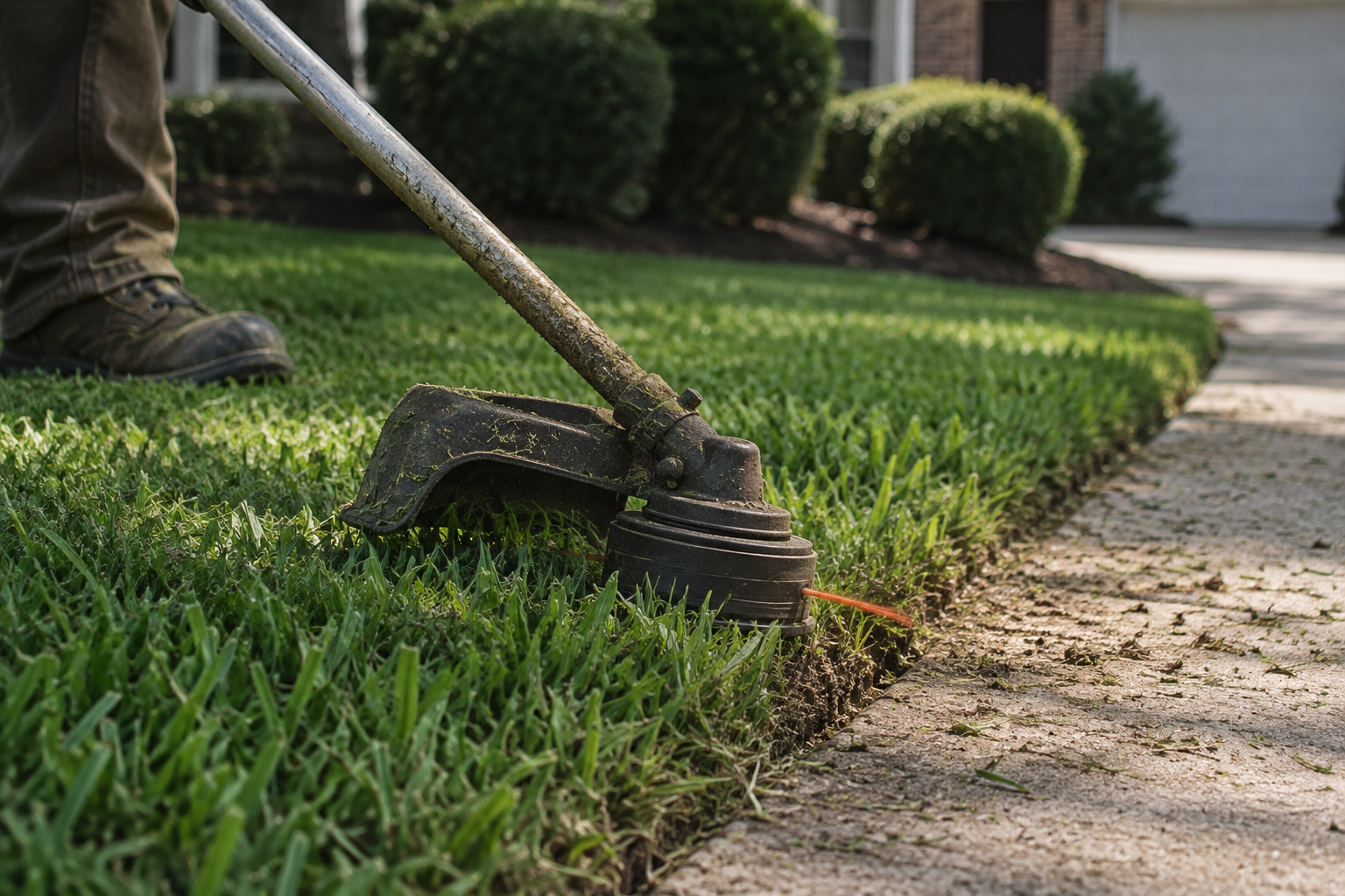 String trimming and edging along a sidewalk